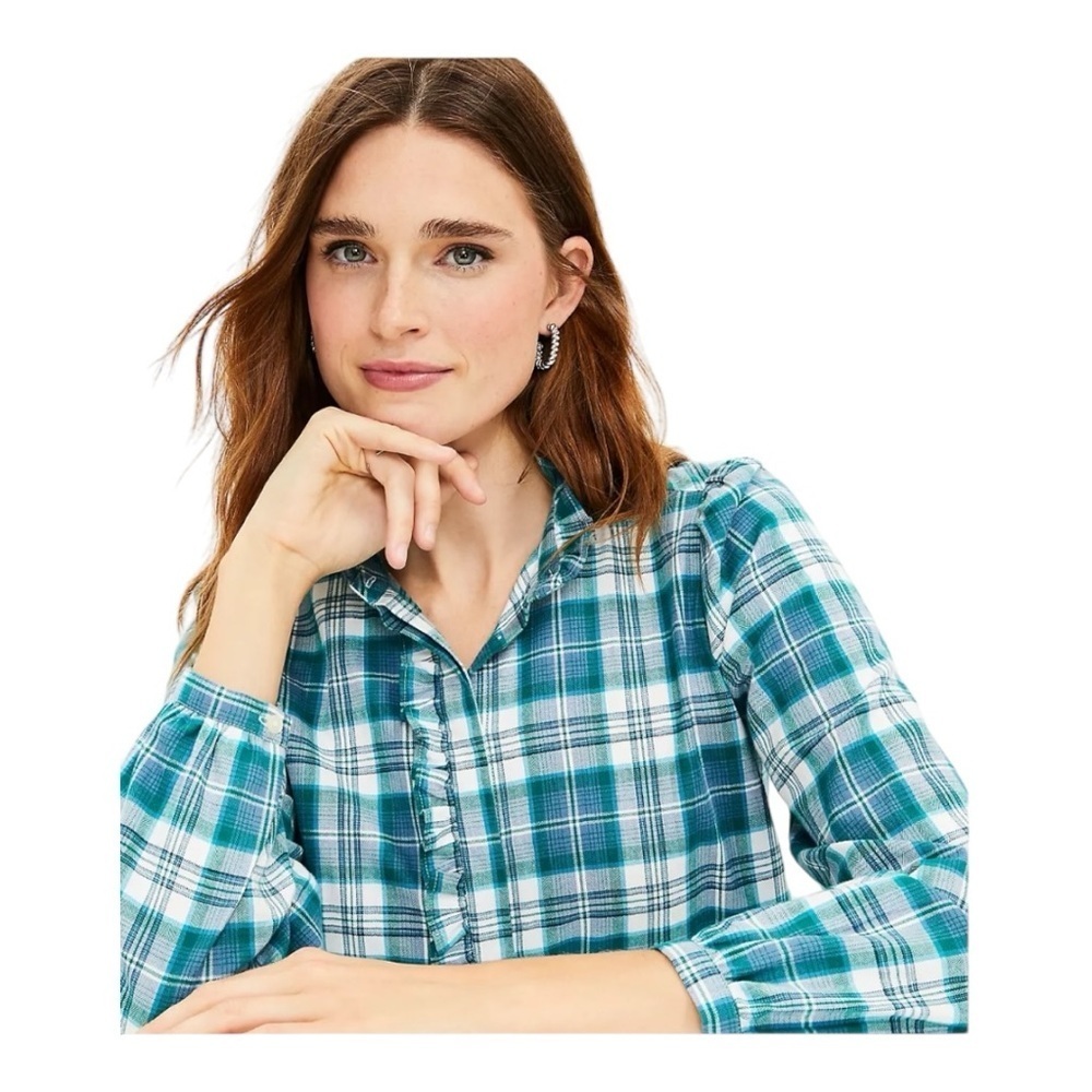 LOFT Green Plaid Ruffle High Neck Ruffle Front Button Down Shirt NEW Size Large - Picture 15 of 16